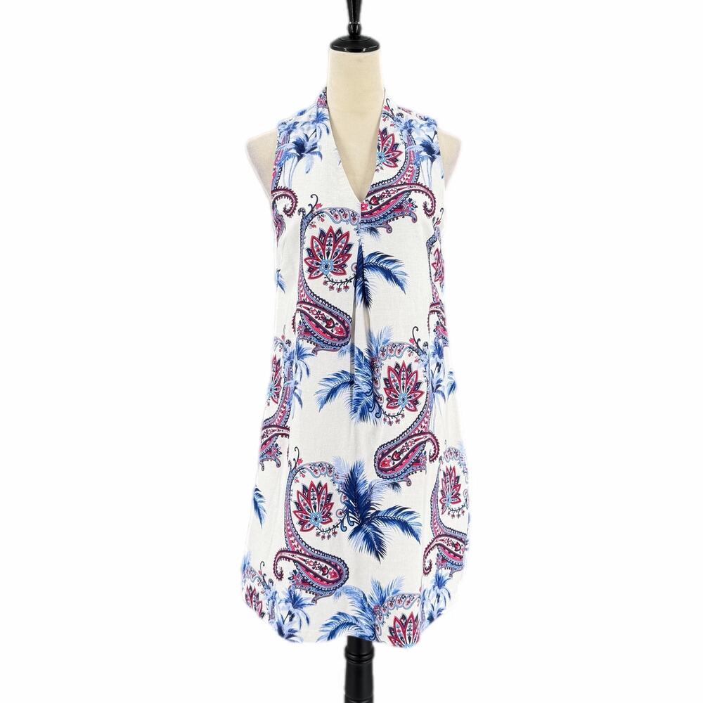 Tommy Bahama White Blue Red Bombaisely Paisley Linen Blend Summer Casual Dress